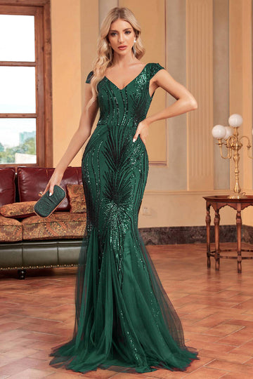 Sparkly Dark Green Mermaid Sequins Long Ball Dress